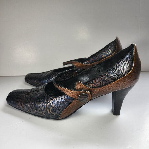 Art Effects Shoes Heels Size 7 Embossed Tooled Leather Look Square Toe 2 3/4" - Picture 4 of 13